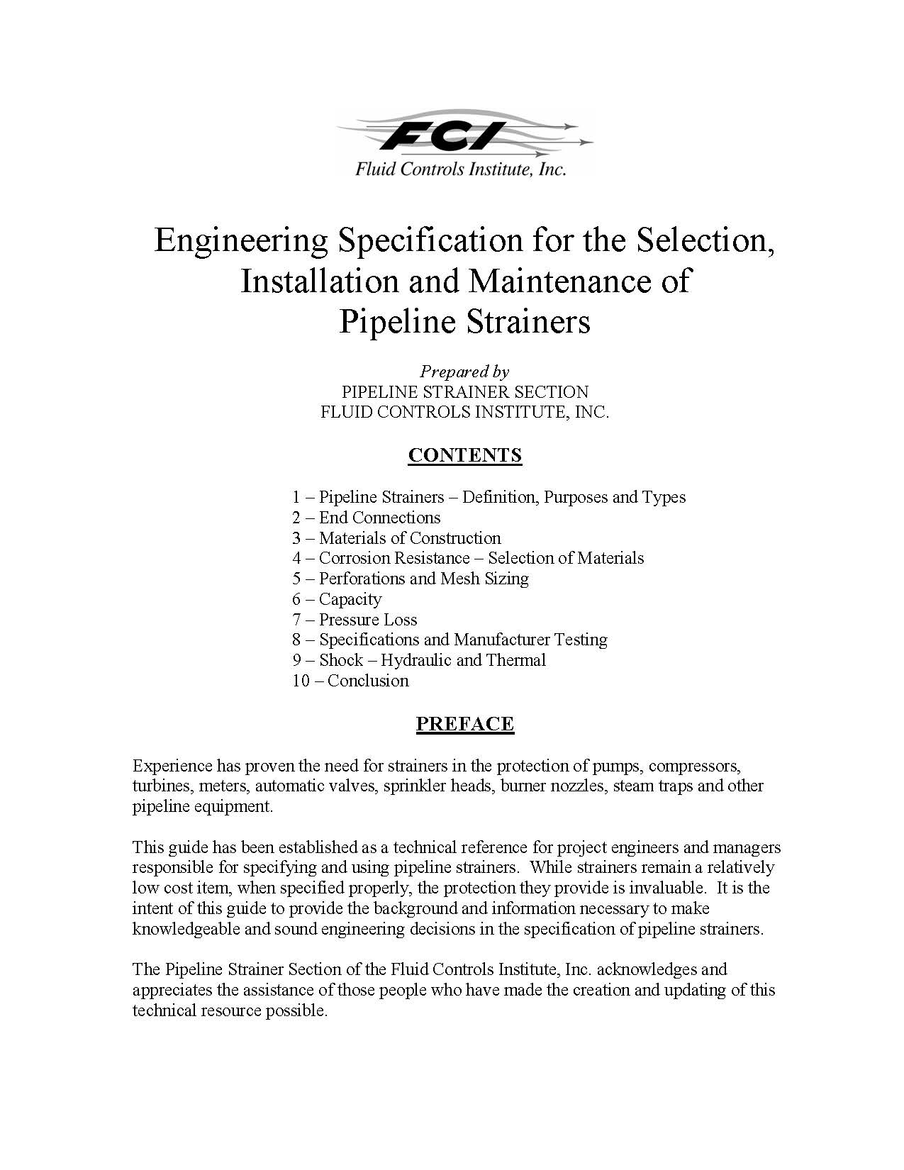 Engineering Specification for the Selection, Installation and Maintenance of Pipeline Strainers